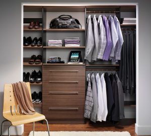 brown drawer set with shirt racks and shoe racks and chair