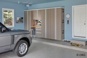 blue garage with storage closets and car